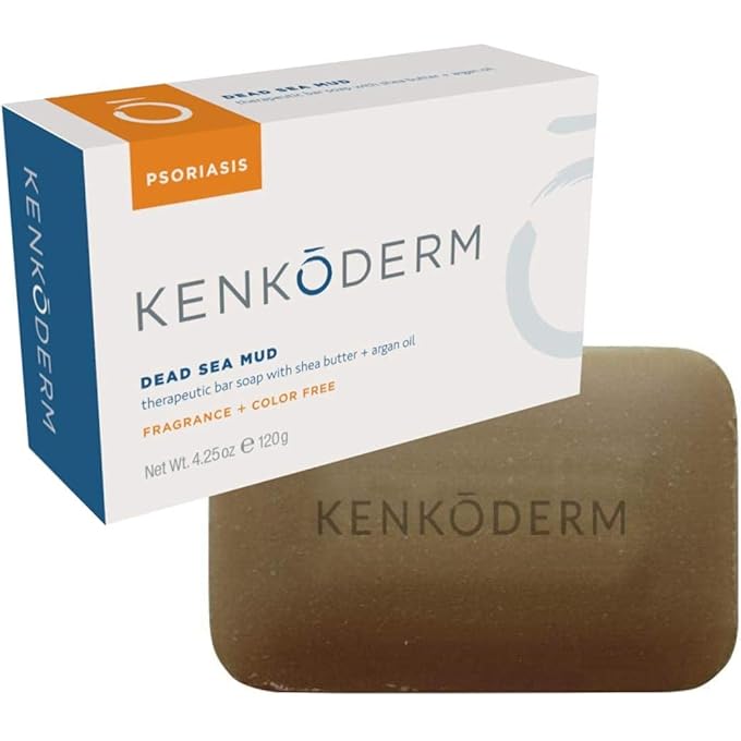 Kenkoderm Psoriasis Dead Sea Mud Soap with Argan Oil & Shea Butter, Natural Exfoliating Body & Face Cleanser for Sensitive Skin, Fragrance & Color-Free, 4.25 Ounce, 1 Bar - Image 1